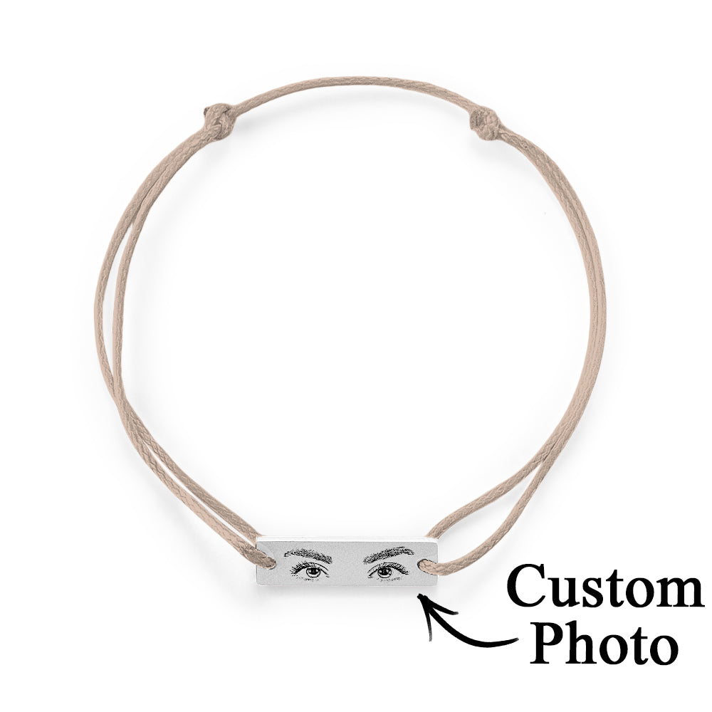 Close-up of silk cord and sliding beads on adjustable personalised eyes photo bracelet — comfortable 16–36 cm fit