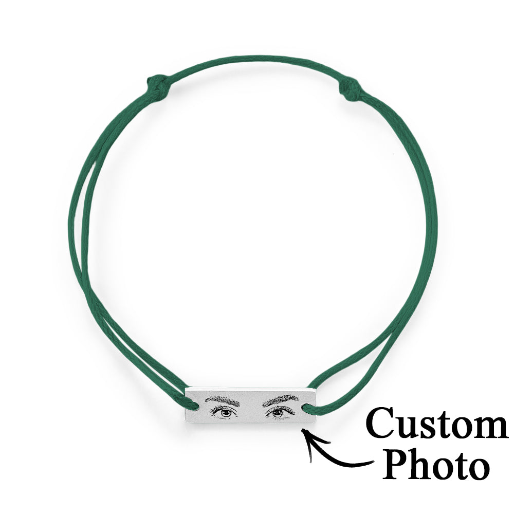 Adjustable knot closure detail showing secure sliding beads on personalised eyes photo bracelet for universal sizing