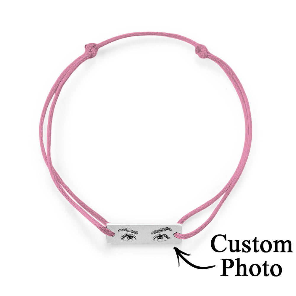 Close-up of silk cord texture and neat knot on adjustable personalised eyes photo bracelet for daily comfort