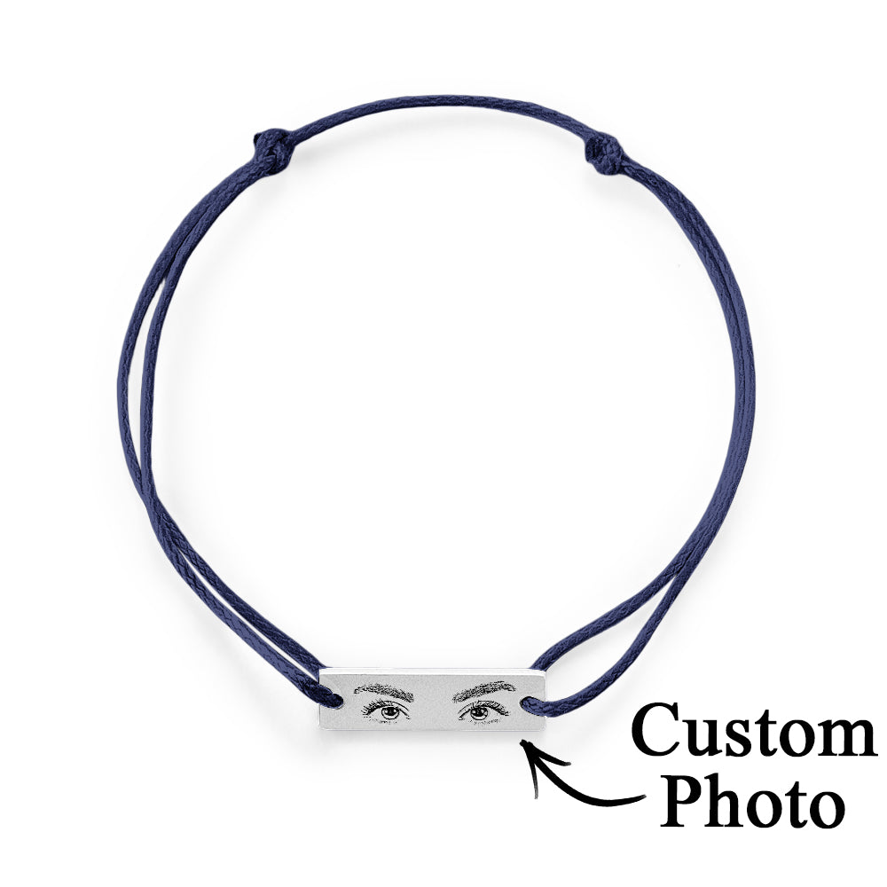 Close-up of custom engraving quality compared with standard etching — superior detail on personalised eyes photo bracelet