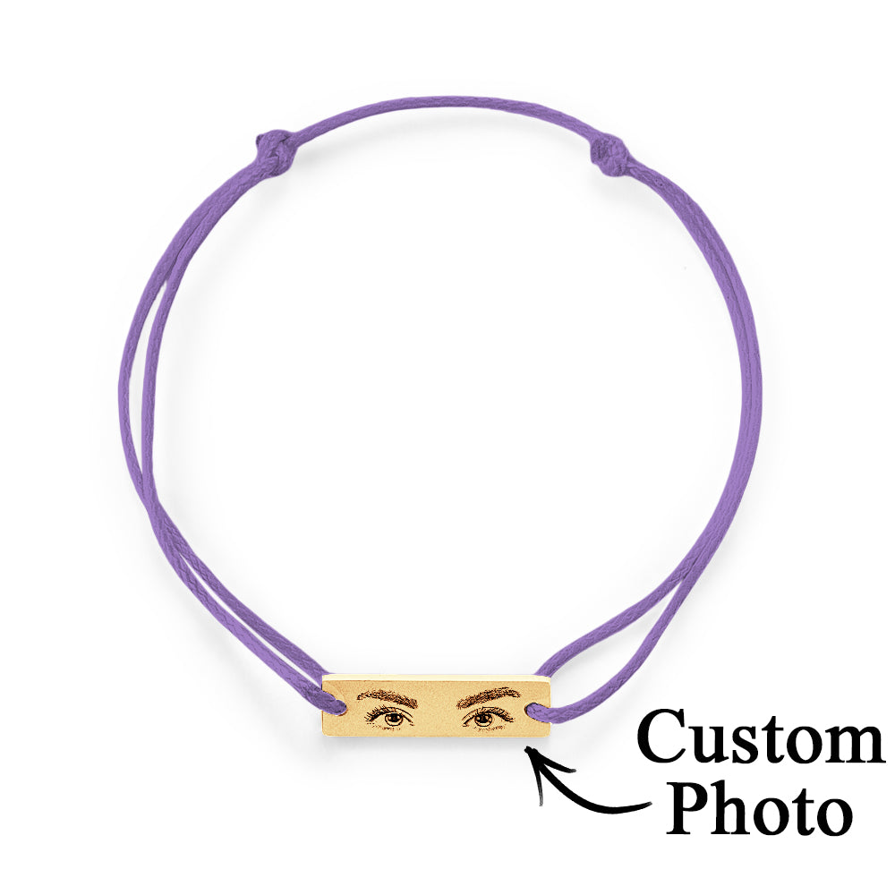 Hand-tied knot detail and neat finishing of the adjustable silk cord on personalised eyes photo bracelet