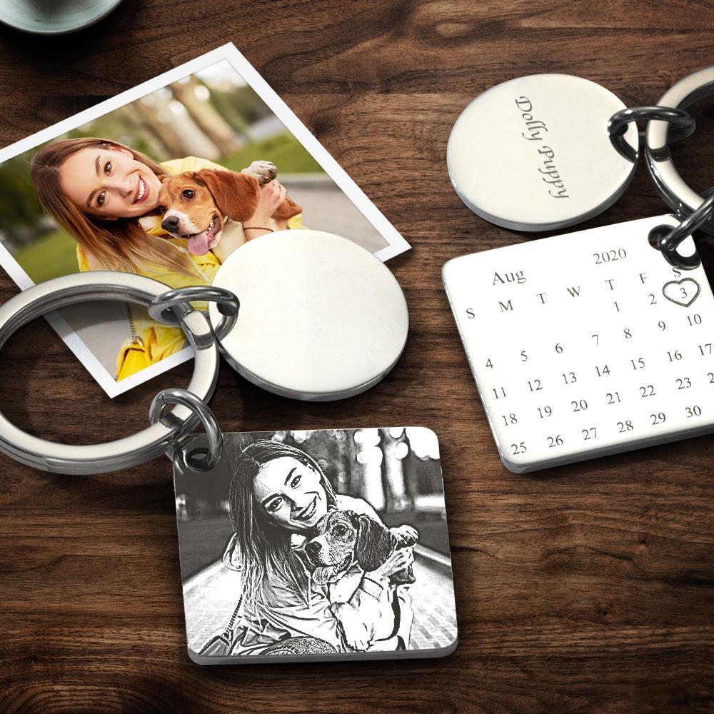 Round engraved photo keychain with calendar imprint shown beside keys — compact personalised anniversary keyring gift