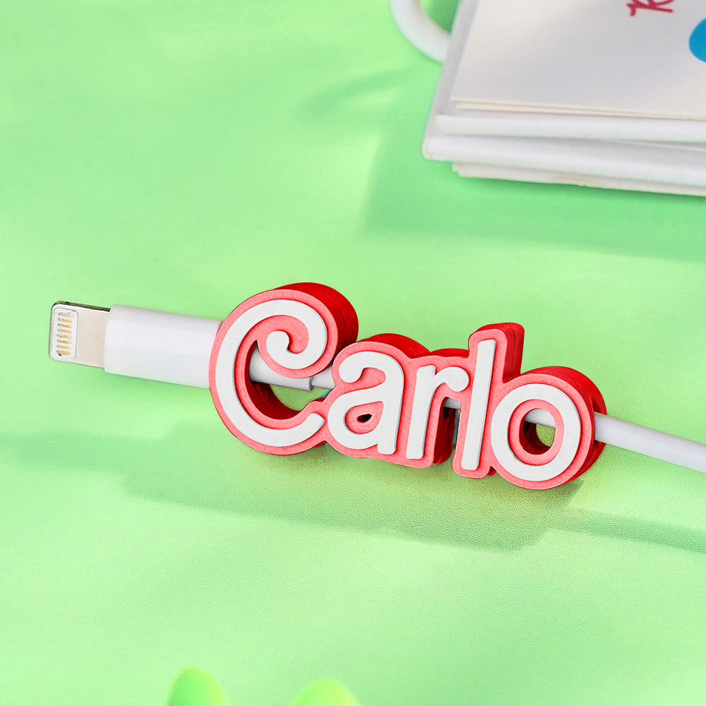 Close-up of the 3D printed name visible in the holder, highlighting durability of PLA.