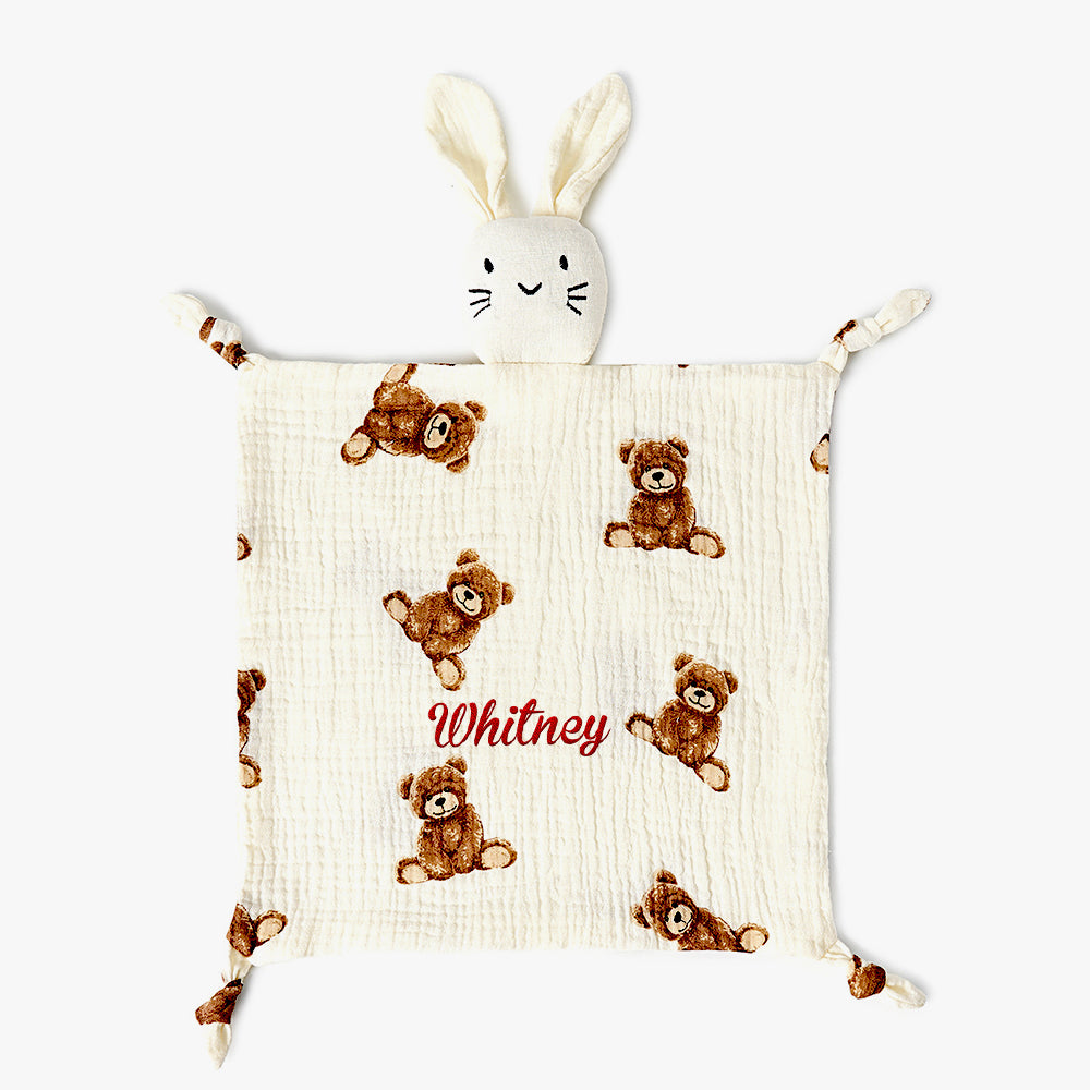 Fully spread flat view of the personalised baby comforter with embroidery area