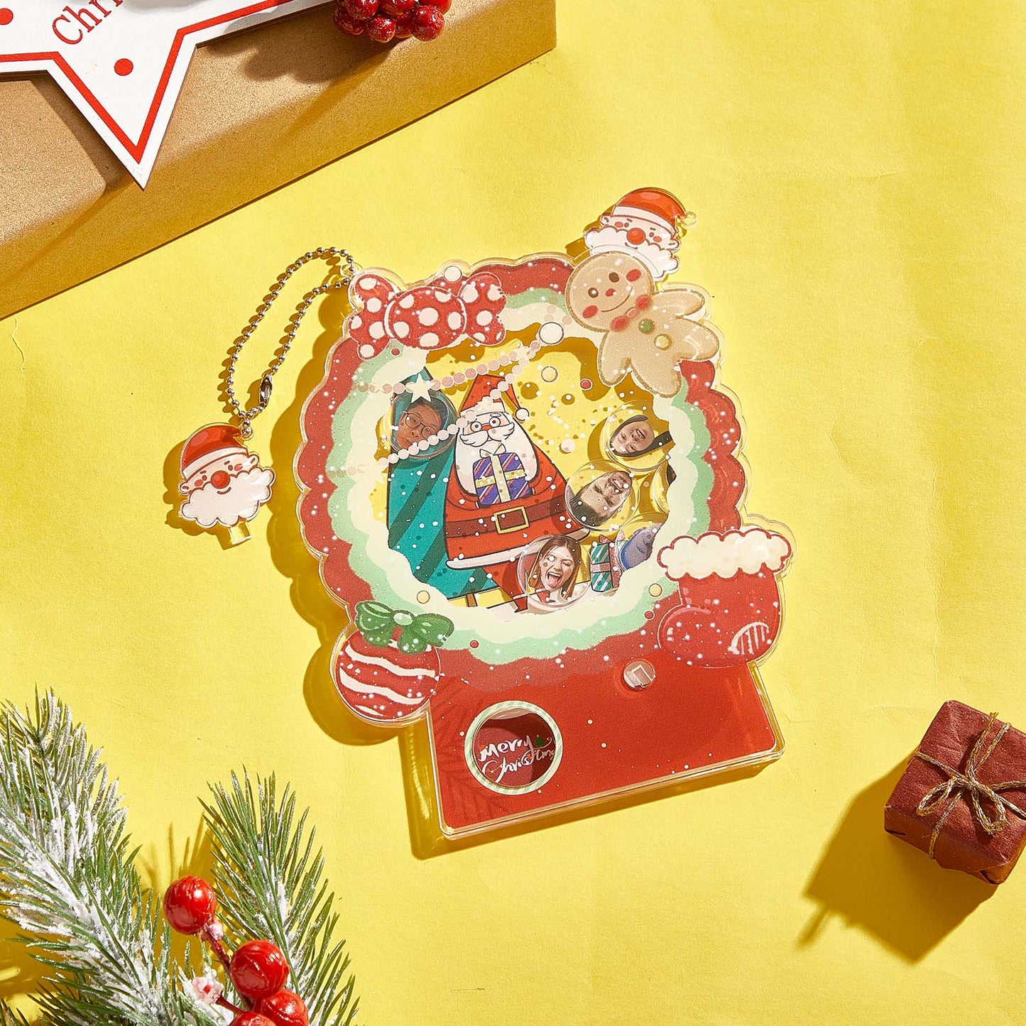 Child holding personalised Christmas gashapon toy — acrylic keepsake shake toy with custom photo, ideal present for children and family