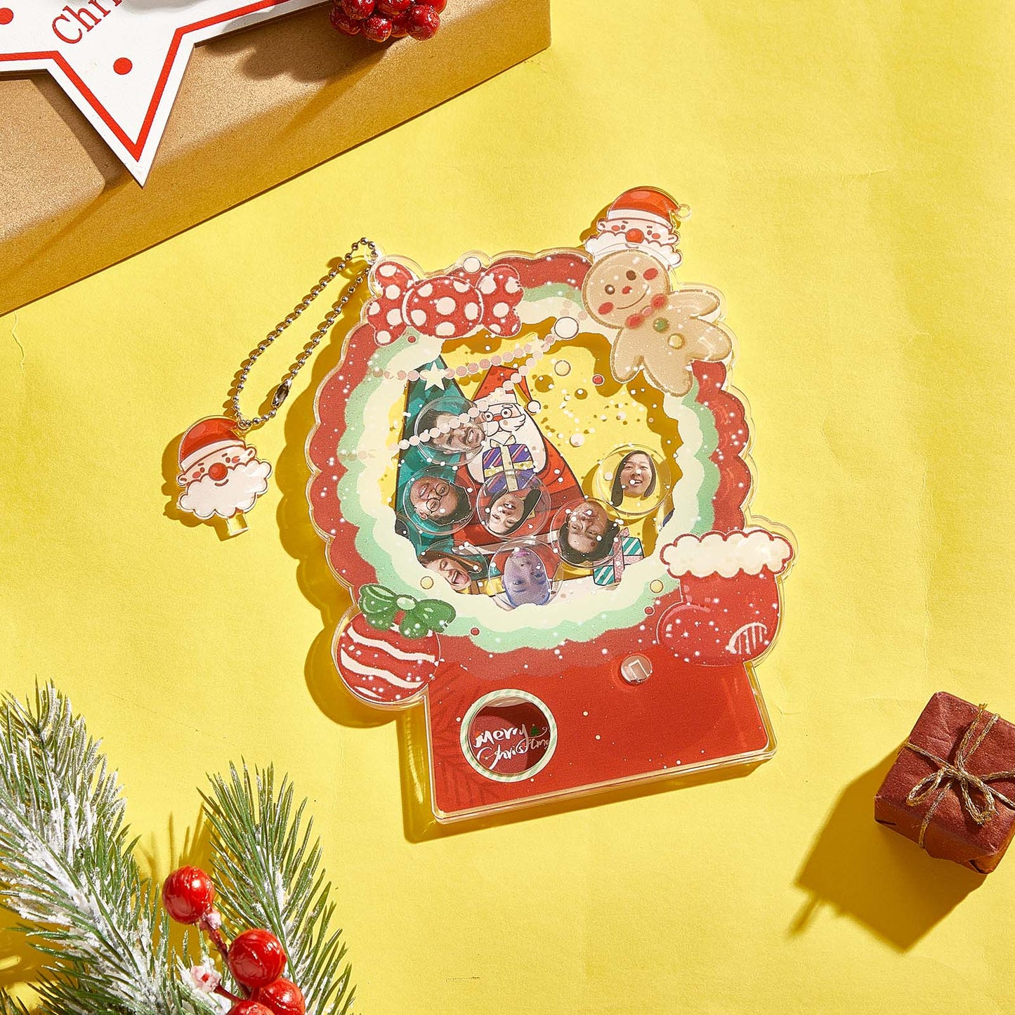 Display shot of funny shake Christmas gashapon on a shelf — personalised photo keepsake and party favour idea