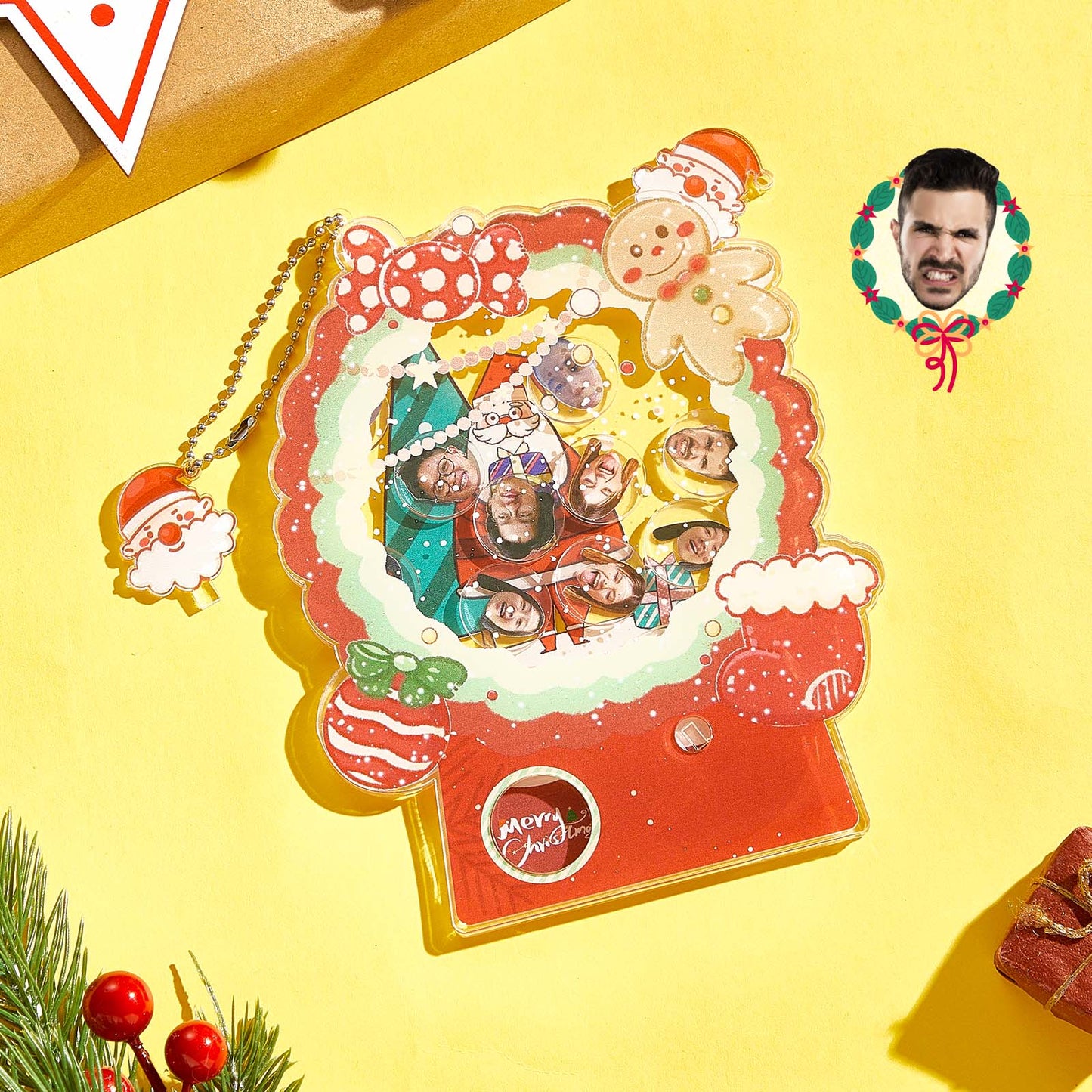 Personalised funny shake Christmas gashapon acrylic keepsake showing a custom photo — front view, ideal stocking filler for kids