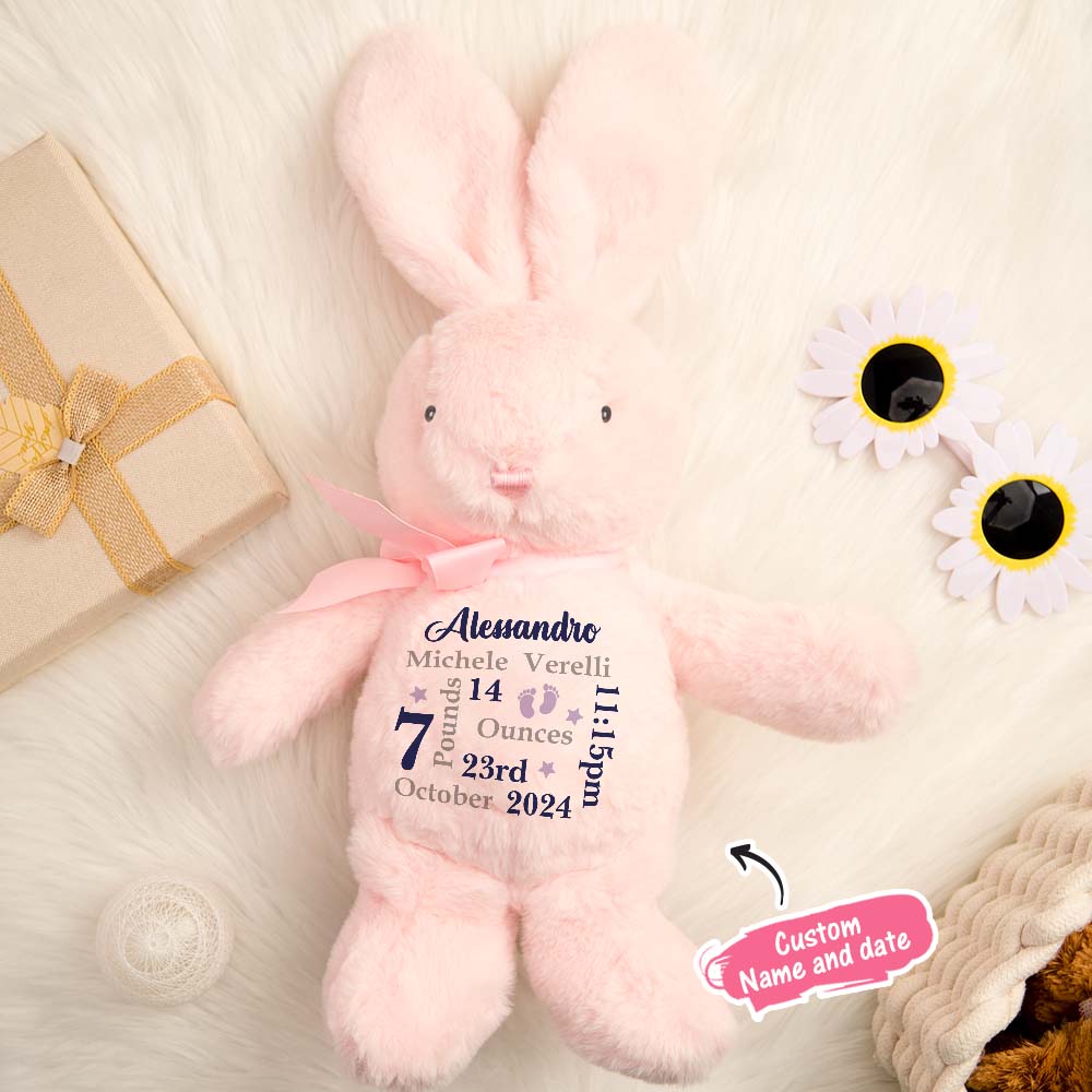 Grey personalised bunny plush detail shot highlighting plush material and stitched custom name
