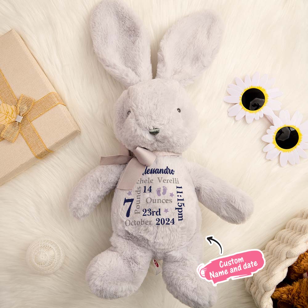 Embroidered name close-up on personalised bunny rabbit plush, a bespoke keepsake for babies