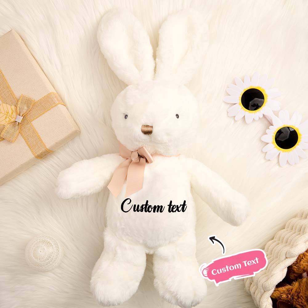Personalised bunny rabbit plush photographed against a white background, clear view of custom name option