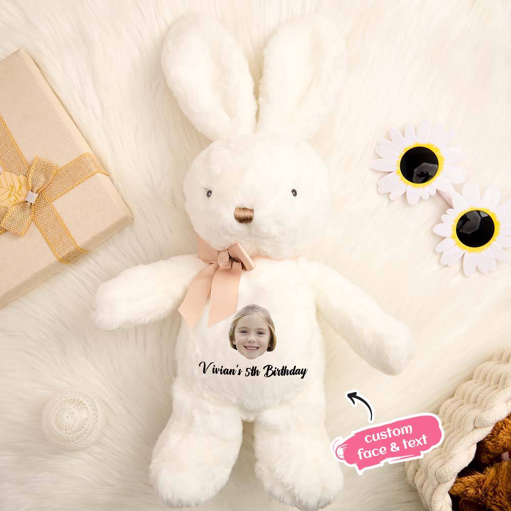 Close-up of embroidered detail and neat stitching on a personalised bunny rabbit plush for babies