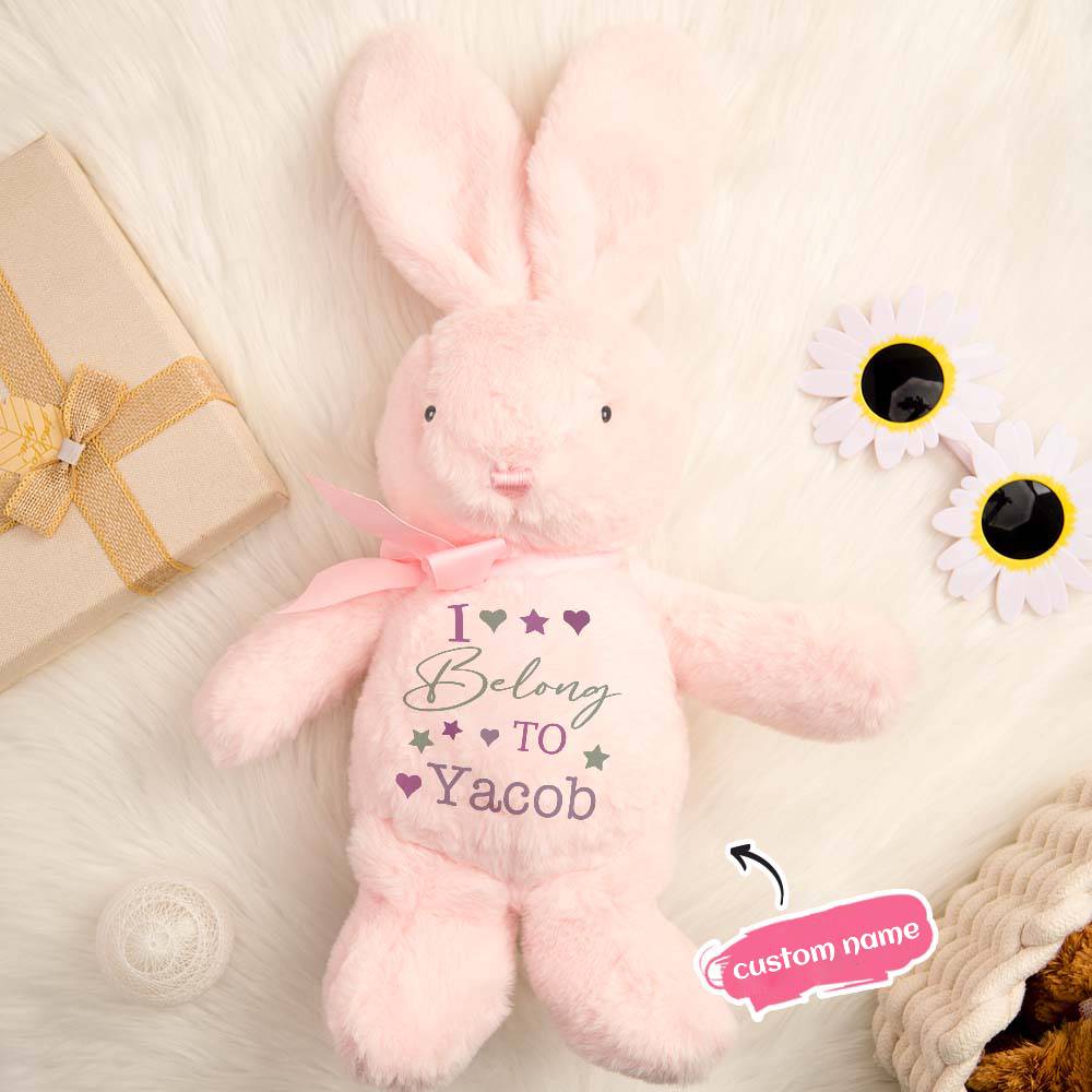 Soft toy rabbit with embroidered name shown from a different angle, personalised keepsake for newborns