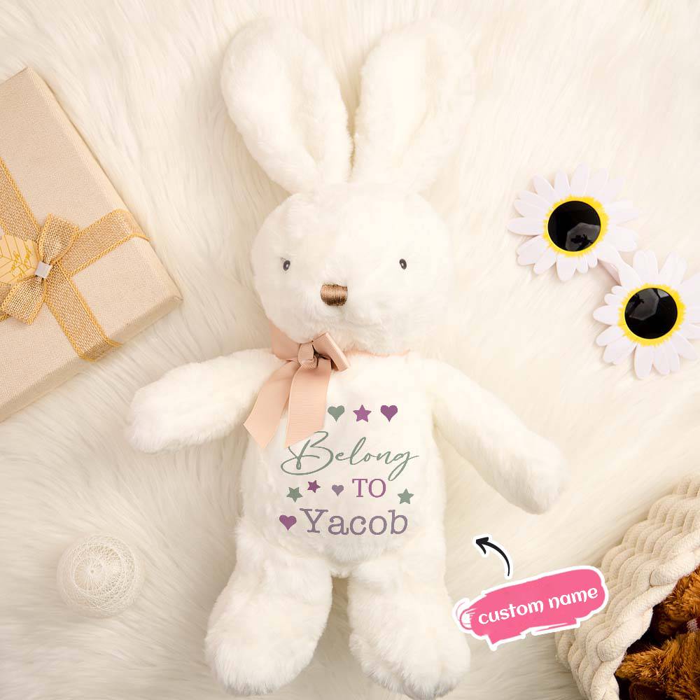 Personalised bunny plush photographed with a gift box, ready-made custom name baby gift