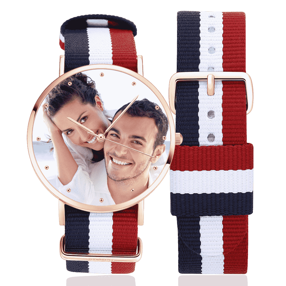 Custom Engraved Rose Gold Photo Watch with Nylon Strap - Personalised Unisex Gift