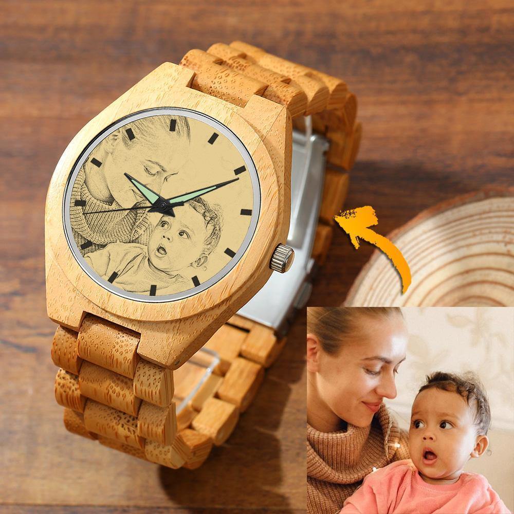 Personalised engraved wooden men's photo watch 45mm — front view with custom photo printed on the dial, bamboo bezel and wooden strap