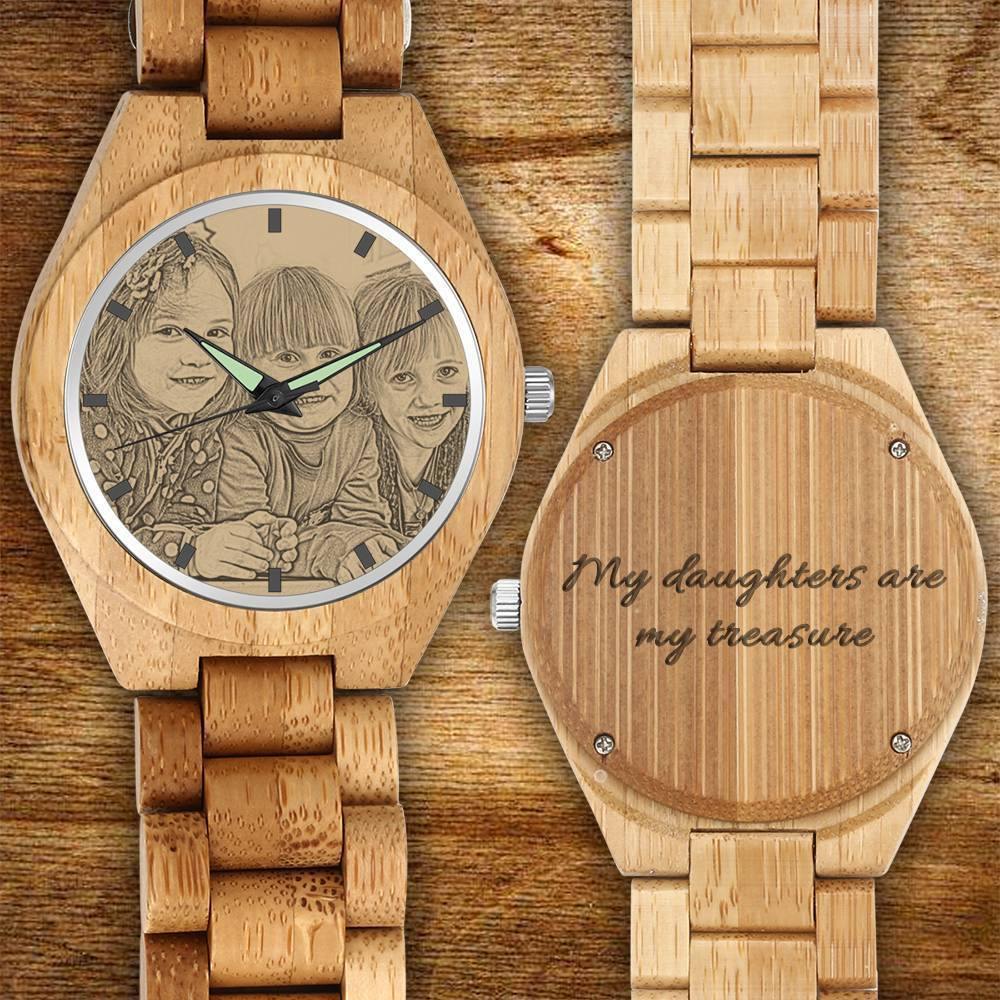 Personalised engraved wooden men's photo watch 45mm — front view with custom photo printed on the dial, bamboo bezel and wooden strap