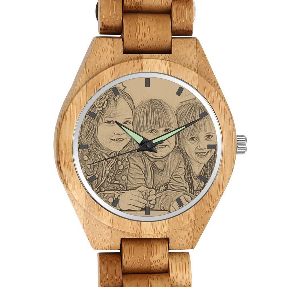 Engraved back of personalised wooden men's photo watch 45mm showing custom text engraving on the rear plate — ideal personalised gift