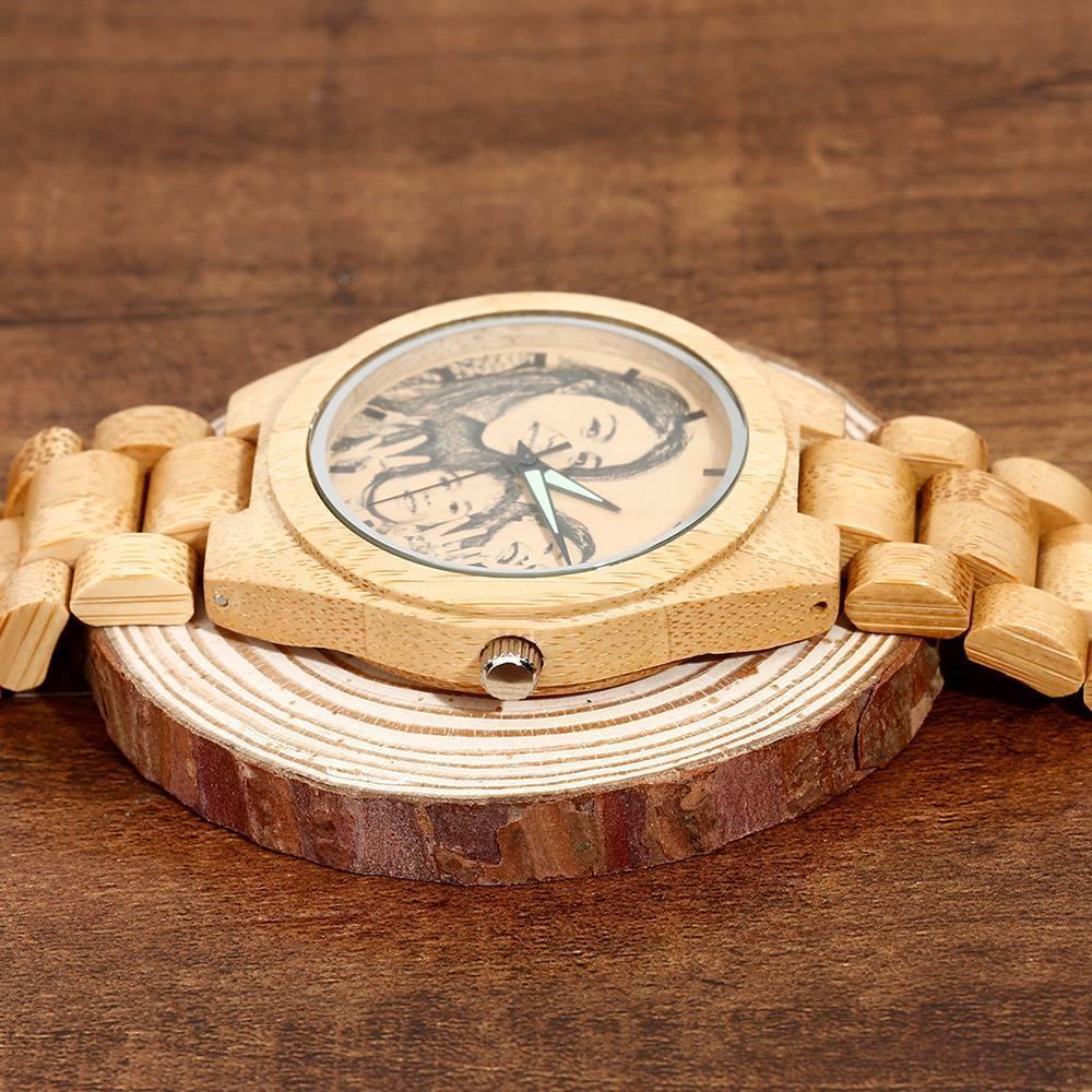 Ebony personalised engraved wooden men's photo watch 45mm with dark wood finish and clear scratch‑resistant glass face
