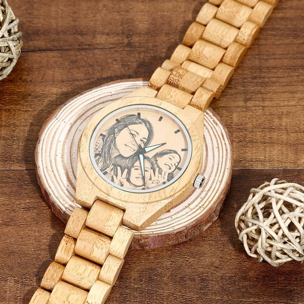 Zebrawood personalised engraved men's photo watch 45mm close-up highlighting bold striped wood grain and printed photo dial
