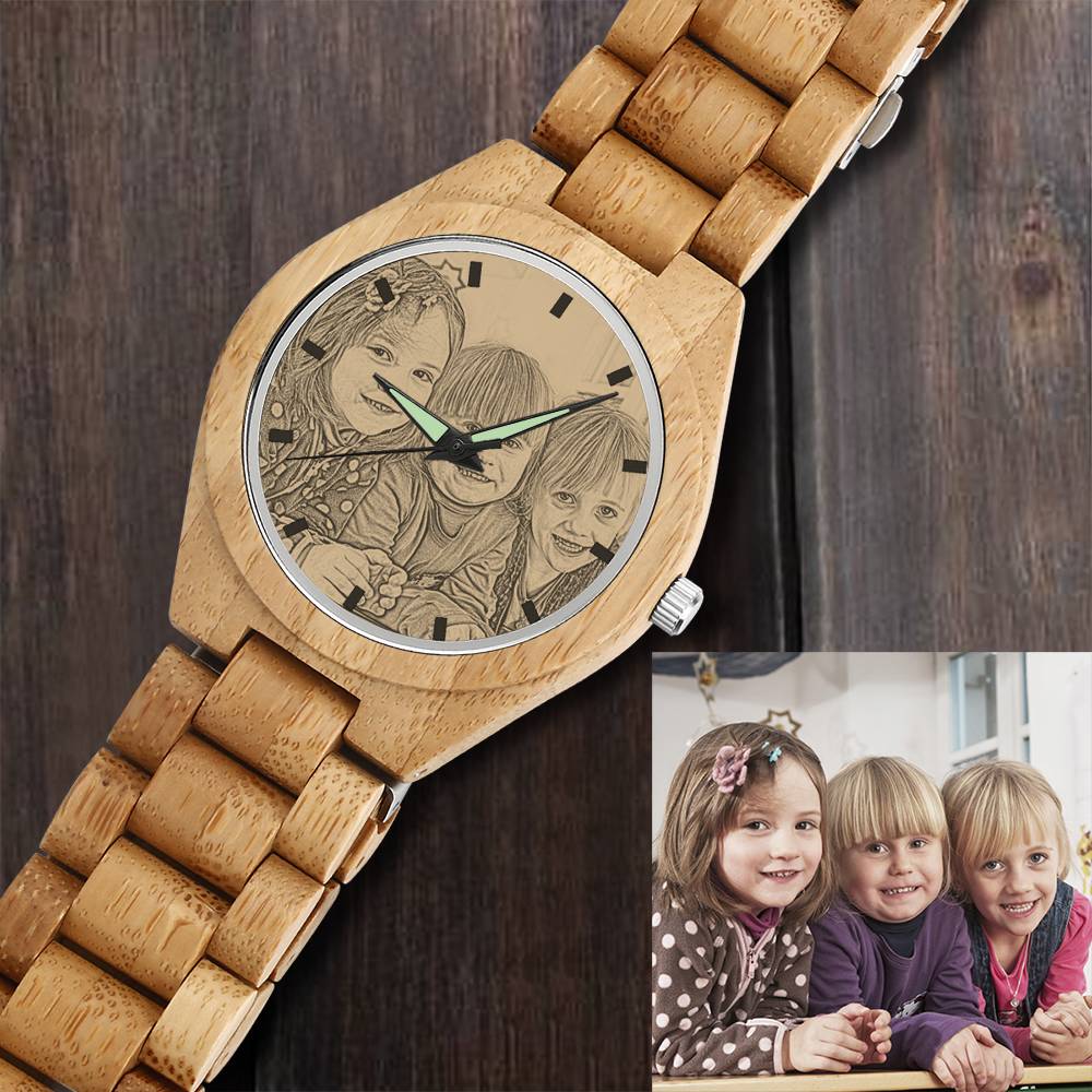 Detail of the quartz movement and clear glass of a personalised engraved wooden men's photo watch 45mm, showing dial clarity and craftsmanship