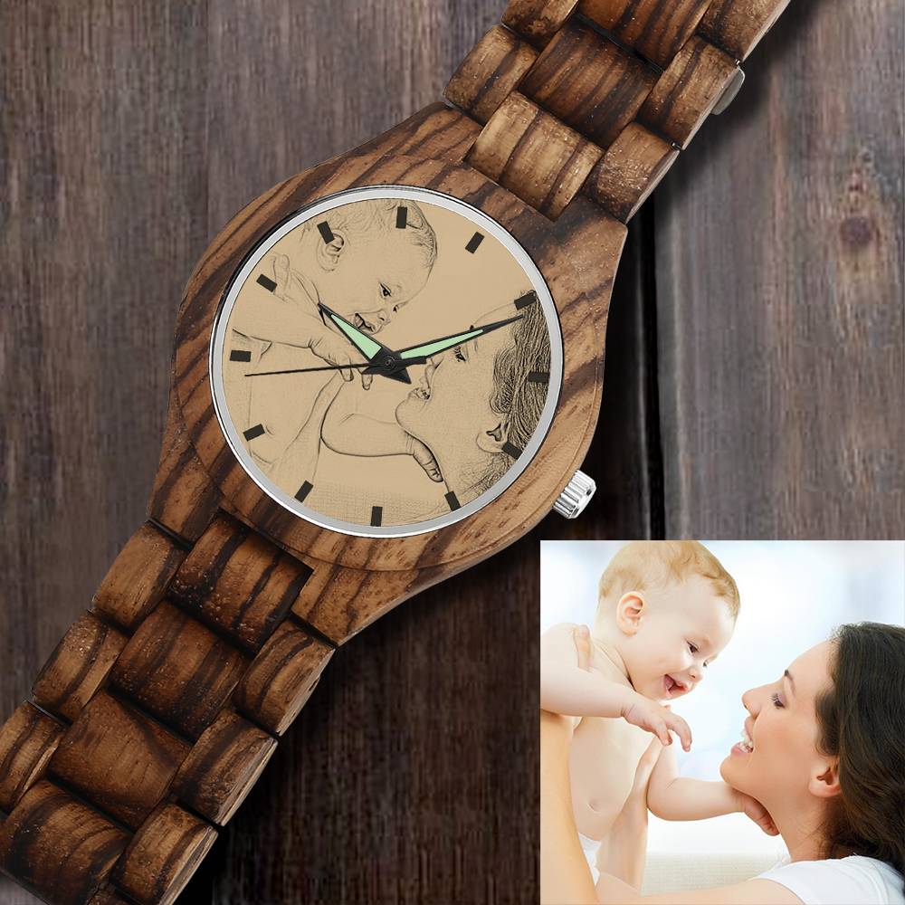 Side profile of a personalised engraved wooden men's photo watch 45mm showing dial thickness (11.5mm) and wooden case profile