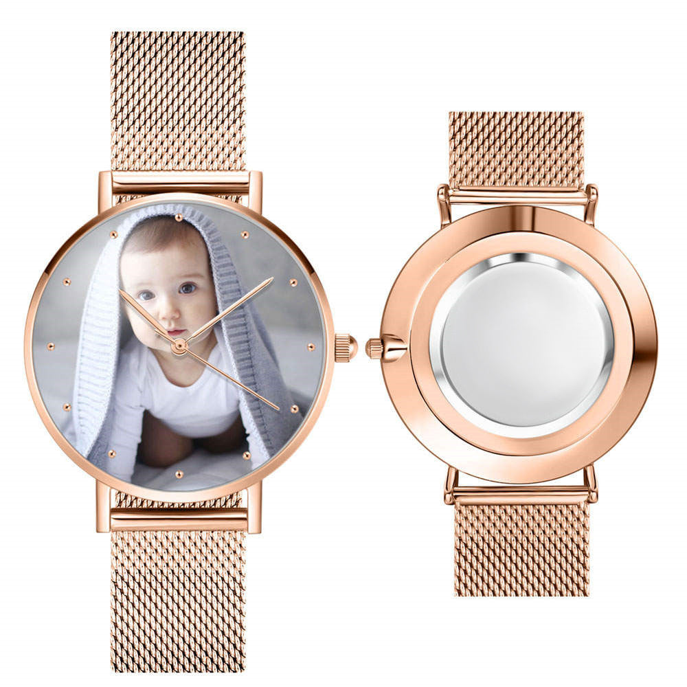 Personalised photo watch angled view showing rose gold finish and laser engraved case back custom engraved keepsake