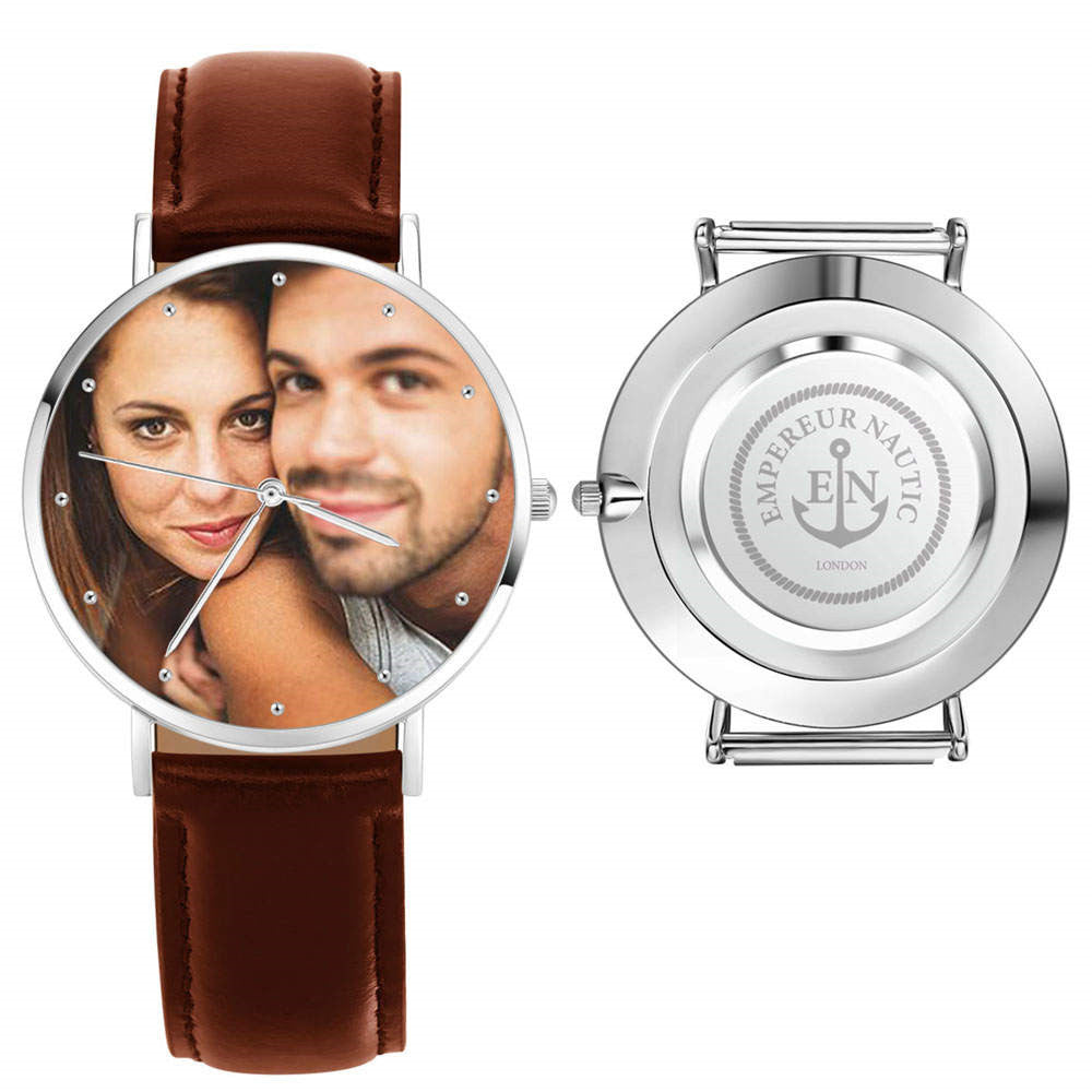 Close-up of laser-engraved case back on personalised 40mm genuine leather photo watch showing custom name engraving