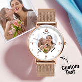 Engraved Rose Gold Alloy Bracelet Photo Watch 36mm Gifts for Mom