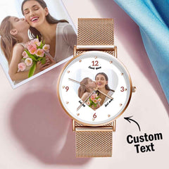 Engraved Rose Gold Alloy Bracelet Photo Watch 36mm Gifts for Mom