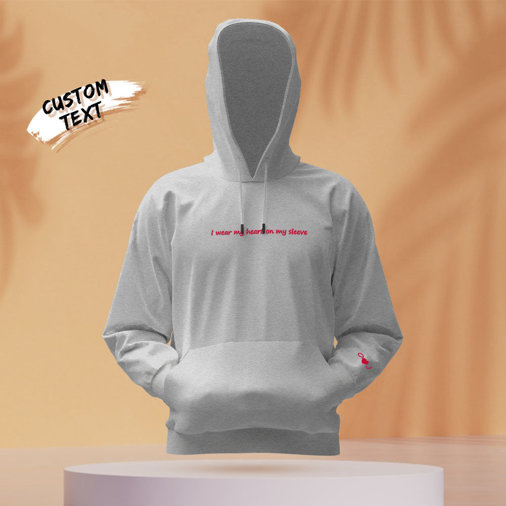 Colour and size options display for the personalised 'Heart On My Sleeve' unisex hoodie — choose your preferred fit