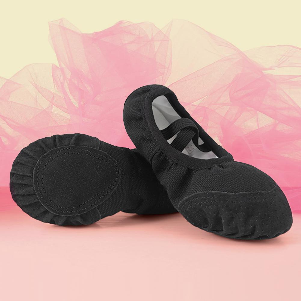Black canvas split sole dance pumps top view breathable cotton upper and elasticated instep suitable for adult and child ballet classes and yoga