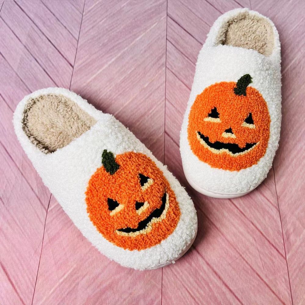 Halloween Pumpkin Slippers — plush cotton-linen home shoes, front view of orange pumpkin pair with cosy sponge lining