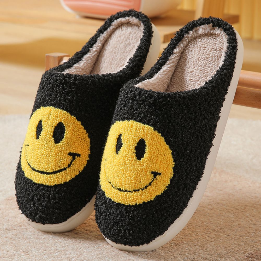 Smiley Face cosy slippers presented as a gift idea — perfect winter present for mum, partner or grandparent