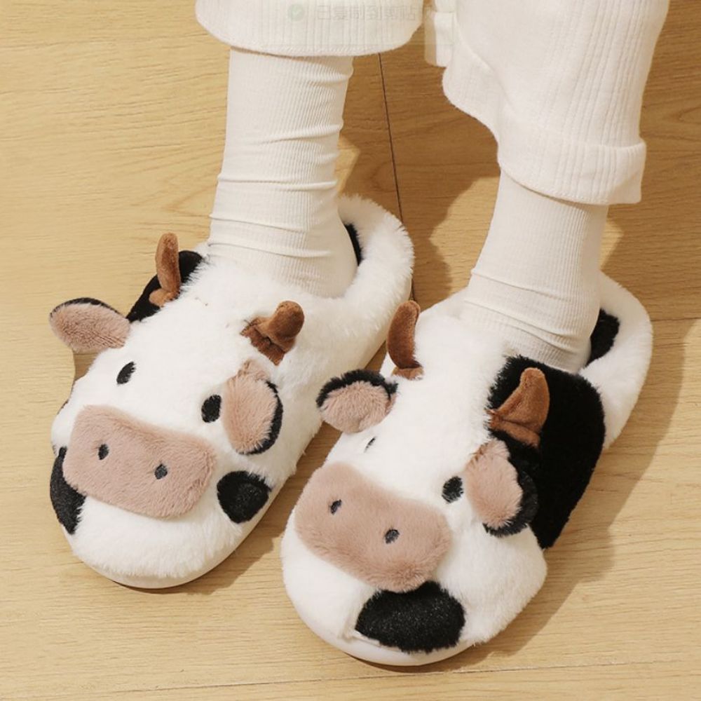 Cow cotton cartoon animal slippers — cosy fluffy EVA house slippers with anti-slip rubber sole