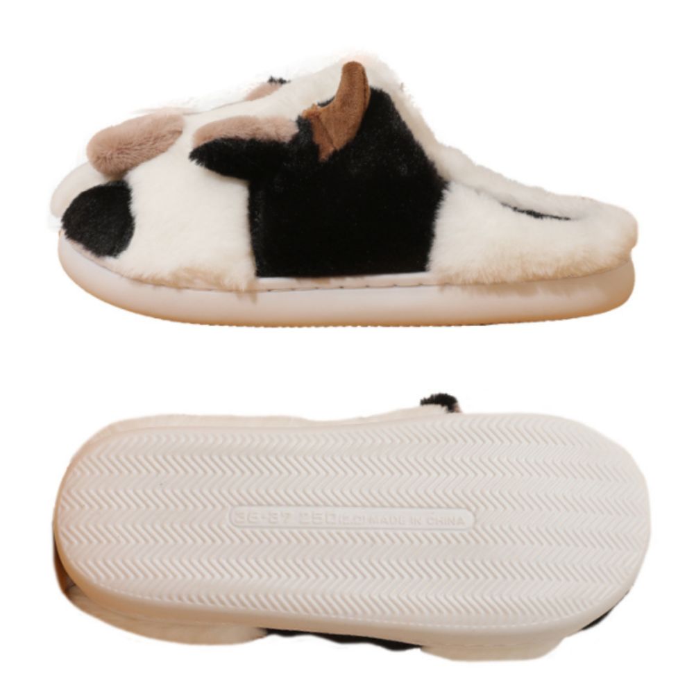 Top view of cow cotton cartoon animal slippers highlighting cute cow design and soft fluffy upper