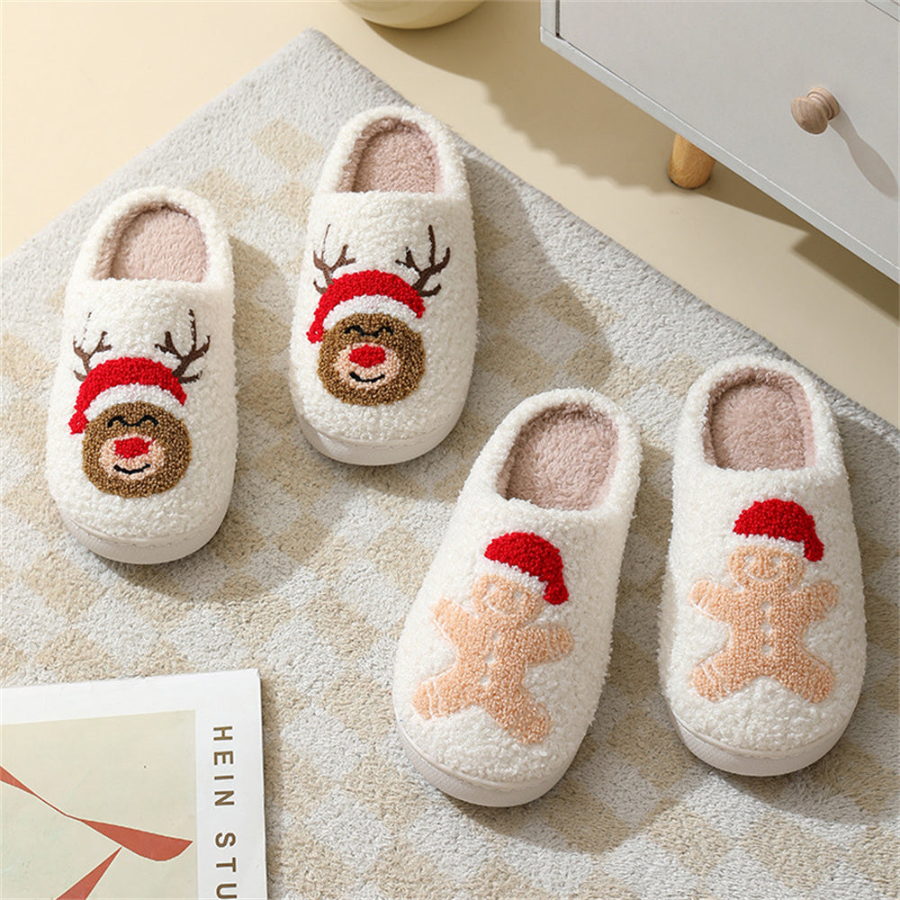 Top-down view of plush Christmas slippers showing padded inner lining and easy slip-on design for quick, cosy wear