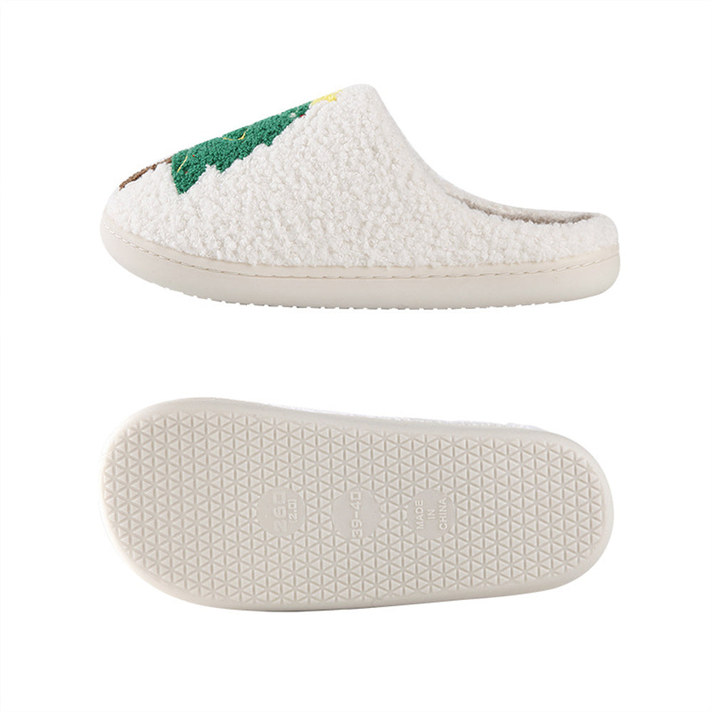 Pair of Christmas Tree Cotton Slippers — open-back cosy plush home slippers, easy slip-on design with cushioned padding for indoor comfort