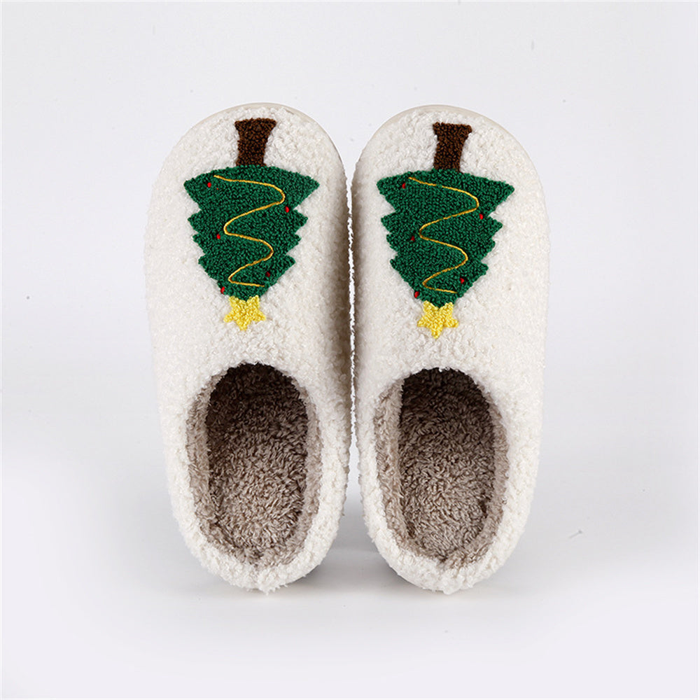 Side profile of Christmas Tree Cotton Slippers showing plush upper and TPR sole for light grip — comfortable backless slippers for family gatherings