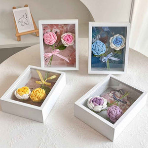 Crochet Bouquets Photo Frame Handmade Knitted Flower Shadowbox Frame Desktop Decoration
