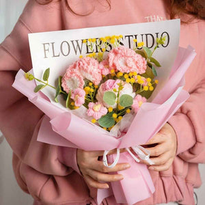 Crochet Flowers Bouquet Handmade Knitted Carnation Bouquet with Light Strip Gift for Her Wedding Gift