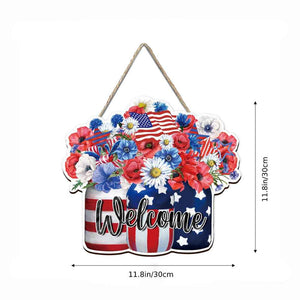 4th of July Flowers Welcome Door Sign Independence Day Decorations Front Door Hanger