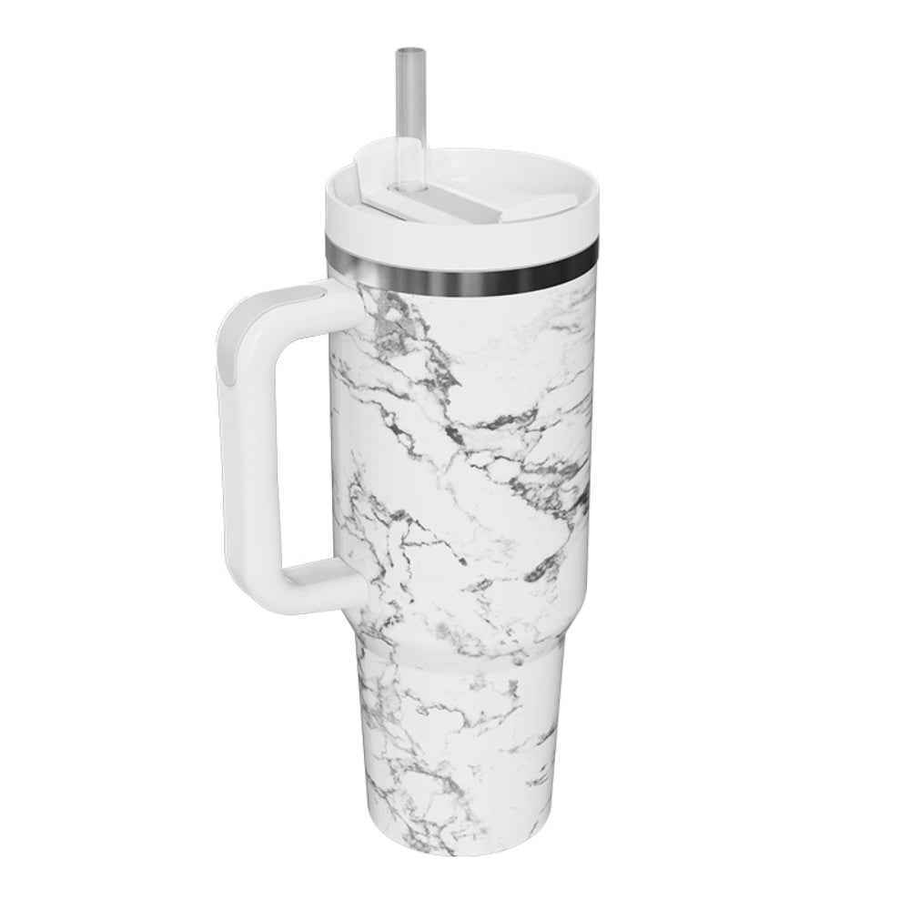 40oz Insulated Mug with Handle and Straw Marble Pattern Stainless Steel Travel Cup Gift for Family Friends Couples