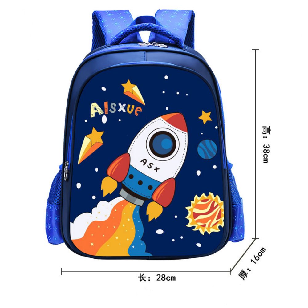 Close-up of colourful cartoon pattern and durable nylon fabric on cute kids school backpack – stylish bookbag for boys and girls
