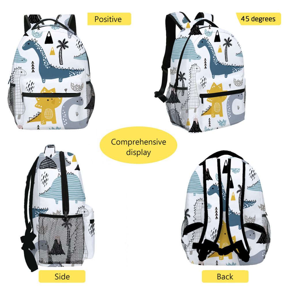 Side view of children's dinosaur backpack rucksack showing zipped main compartment and mesh water-bottle pocket, perfect for nursery and short trips