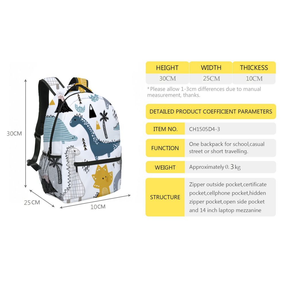 Angle showing padded shoulder straps and top grab handle on dinosaur preschool rucksack — comfortable, lightweight polyester bookbag for toddlers