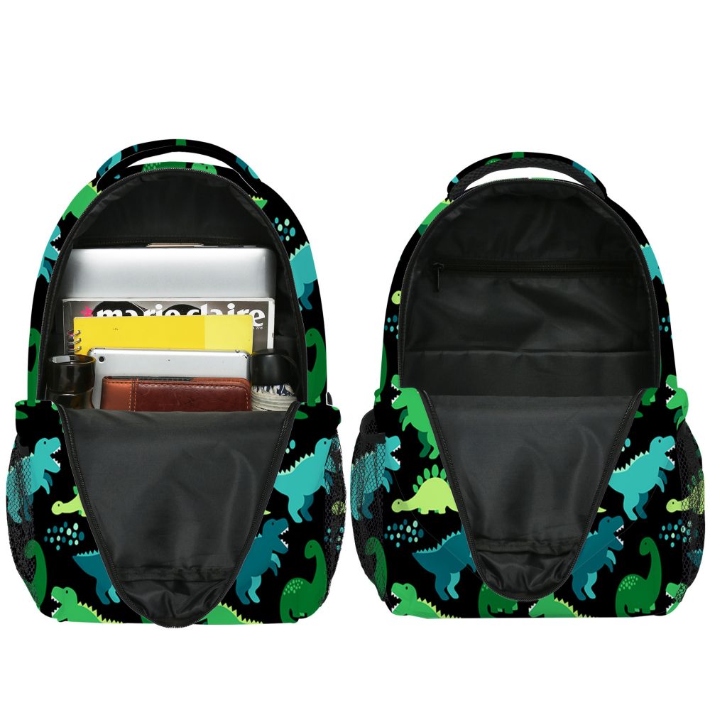Back view of dinosaur rucksack showing padded back panel and adjustable straps for a comfortable fit — perfect for preschool and kindergarten