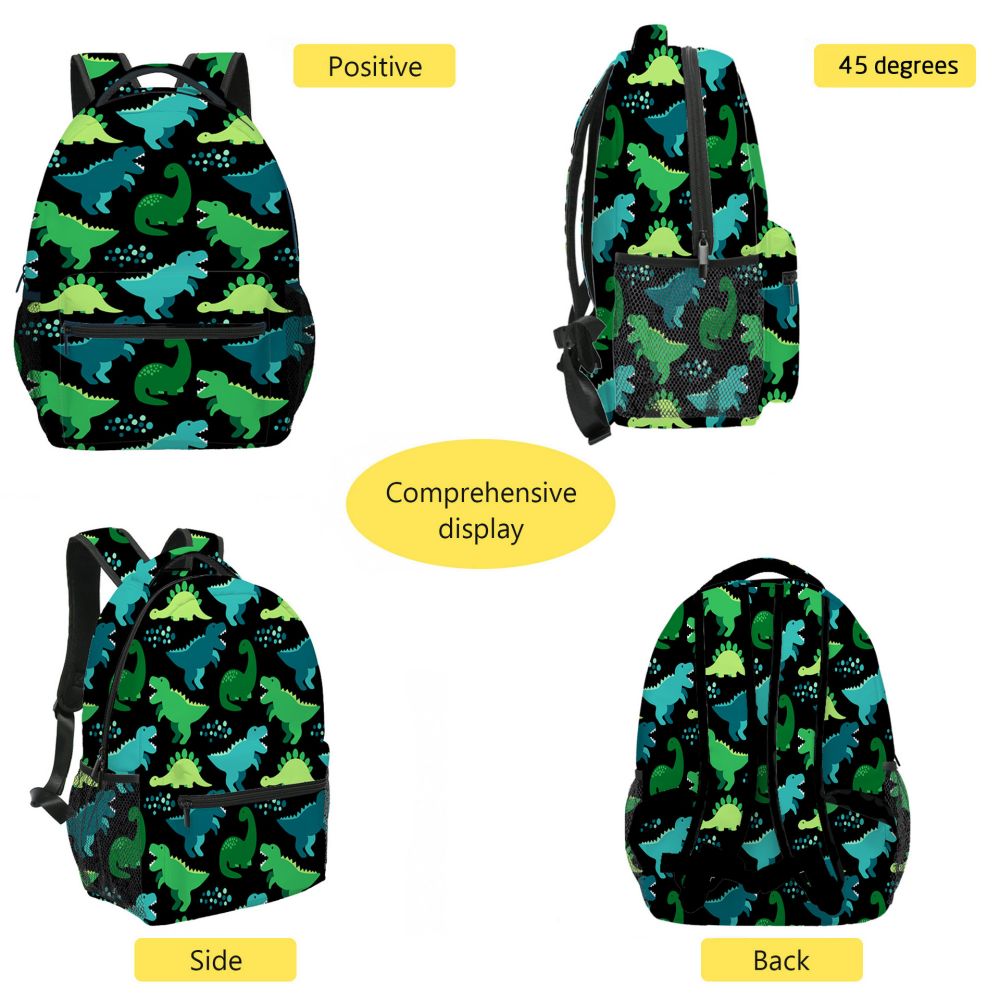 Close-up of colourful cartoon dinosaur print and durable, easy-to-wipe polyester fabric on kids' backpack rucksack