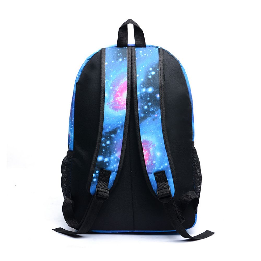 Close-up of starry-sky print on children's lightweight school backpack, vibrant colourful pattern on durable nylon fabric — perfect kids bookbag for students