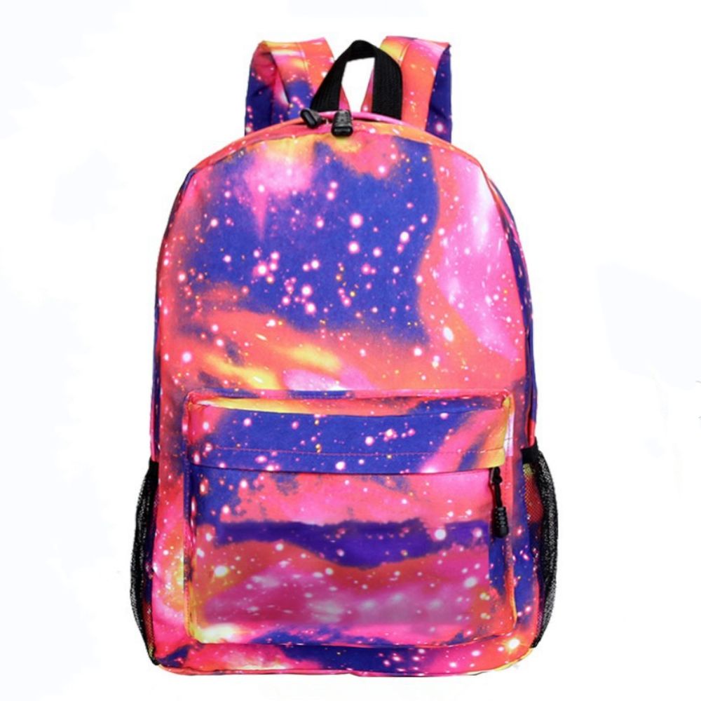 Open interior of starry sky school backpack revealing spacious main compartment for books, snacks and small toys — practical and lightweight student bookbag