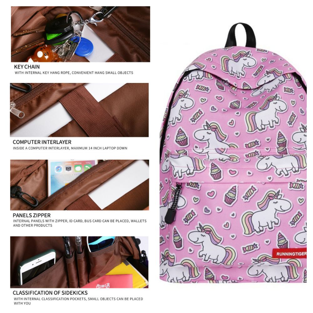 Side and rear view of unicorn lightweight school backpack showing padded adjustable straps and roomy polyester main compartment, compact 40 x 32 cm school bag for toddlers and kindergarten outings